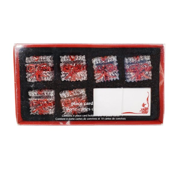 NIB Pier 1 Spun Glass Set/6 Place Card Holders & 18 Cards Clear w/Red Bows Box - Picture 1 of 4